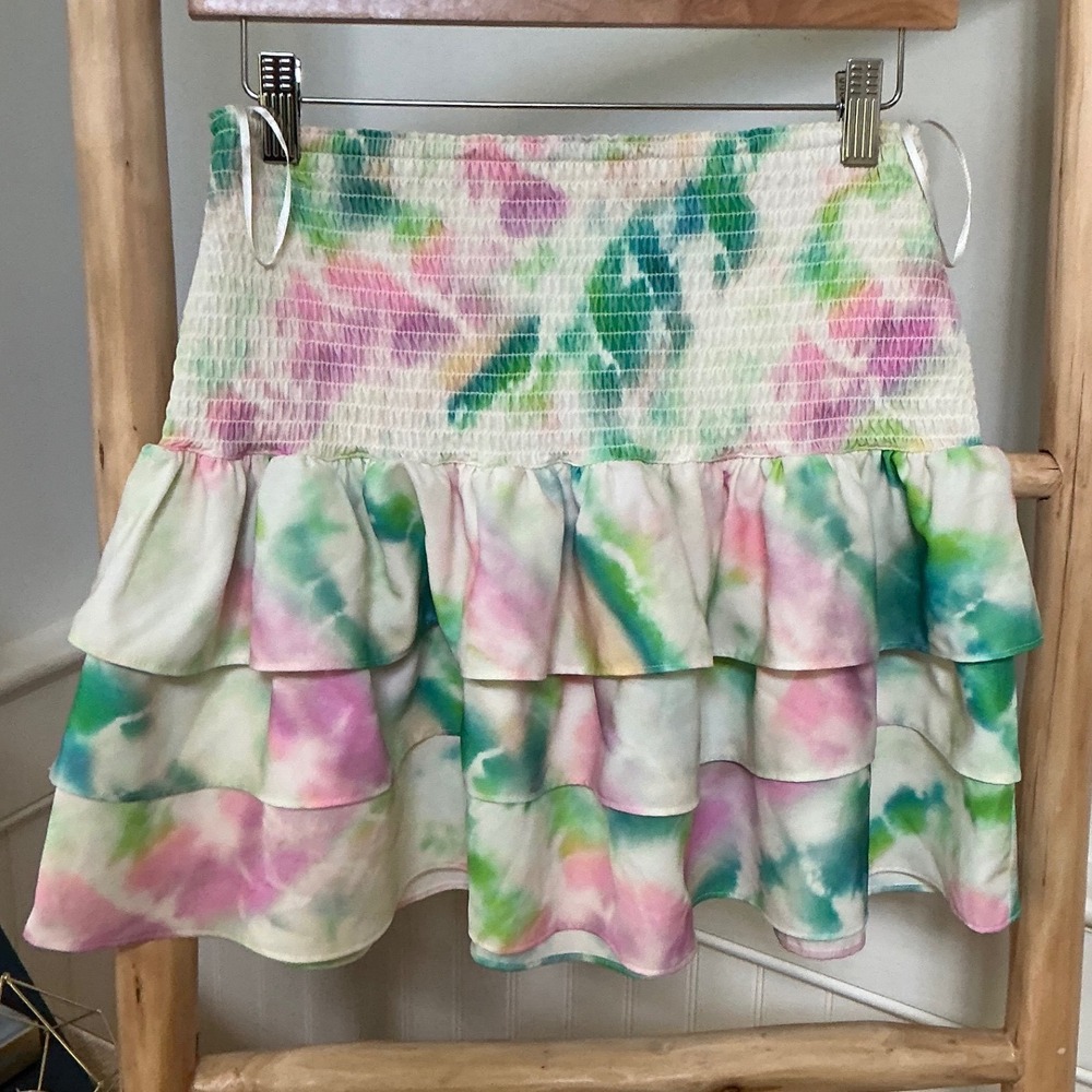 Amanda Uprichard Tie Dye Smocked Ruffle Mini Skirt Multicolor Pink Green Size M